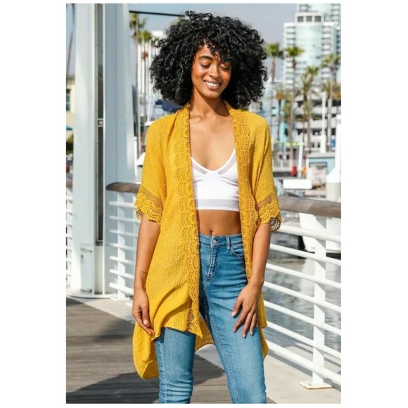 SOLD OUT Mustard Scalloped Lace Trim Kimono Wrap - Picture 2 of 4